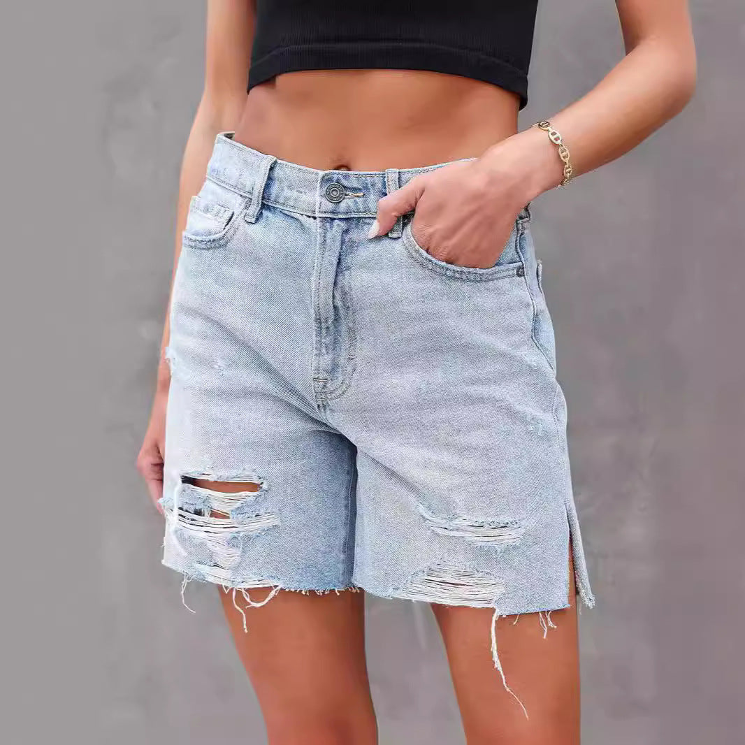 Denim Shorts Summer Street Hipster Water Washed Hole Side Slit Jeans