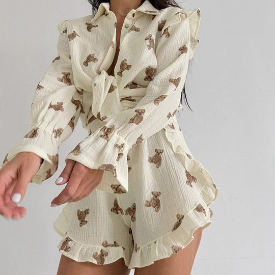 Summer Purified Cotton Pajamas Women Wooden Ear Sweet Printed Long Sleeve Slit Shorts Soft Two Piece Home Wear