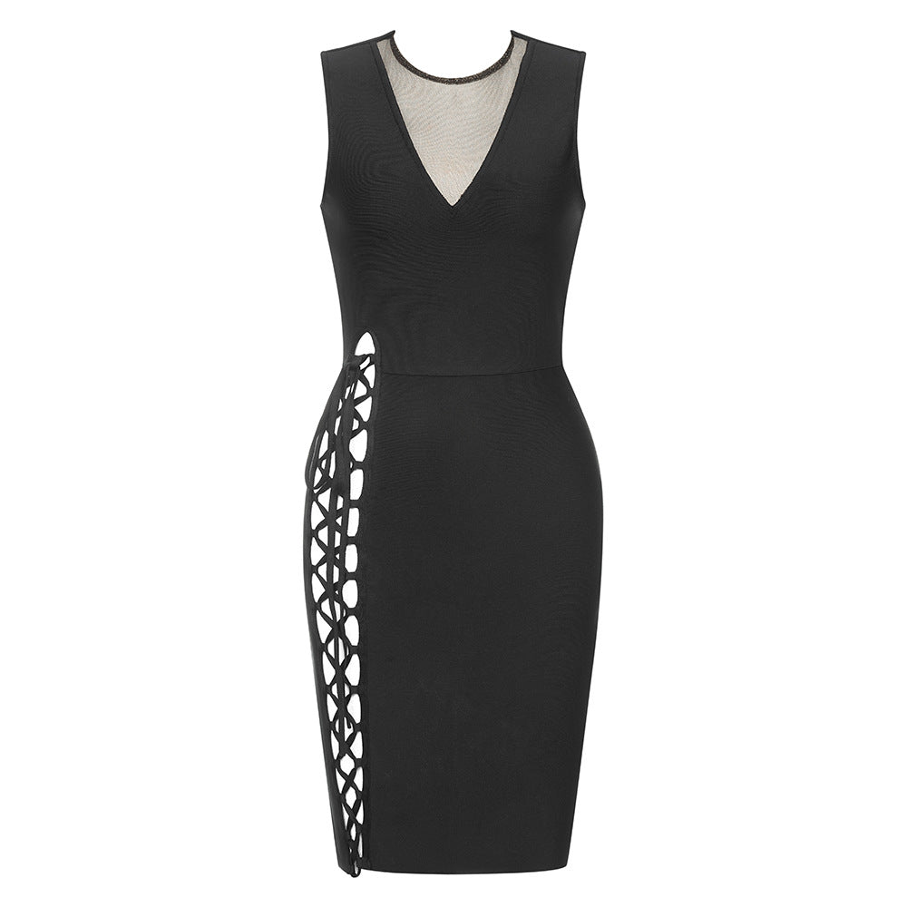 Dress Bandage Dress V-neck Sexy Side Lace-up Cutout Hip-Wrapped Sleeveless Dress Crisscross