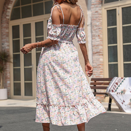 Summer Women Clothing Ruffled Floral Off Shoulder Dress