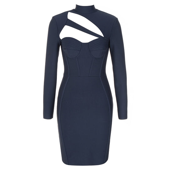 Bandage Simple Sexy Patchwork Hollow Out Cutout Slim Fit Long Sleeved Dress Women Dress