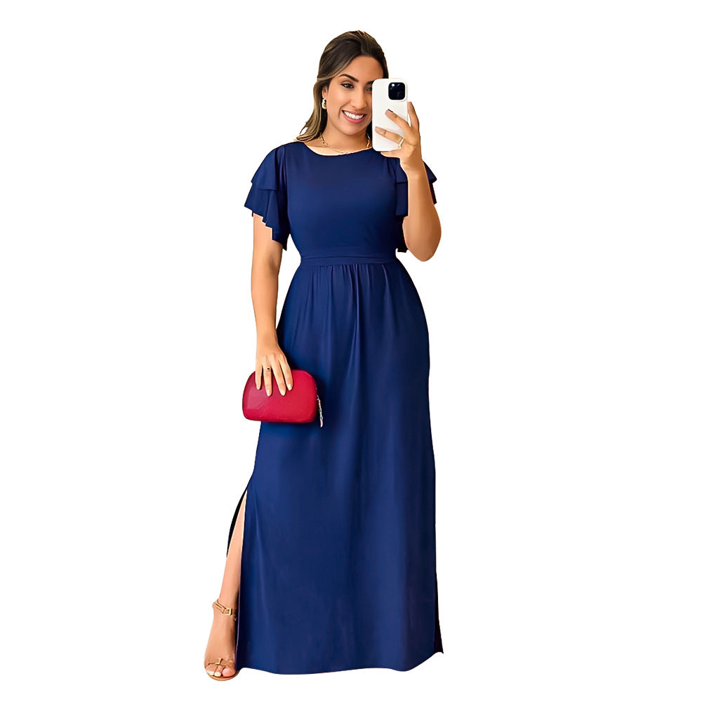 Simple Graceful Solid Color Women Clothing Dress Lace Waist Slimming Double Slit Dress