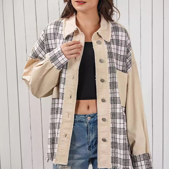 Plaid Long Sleeved Coat Women Autumn Loose Casual Frayed Women Jacket