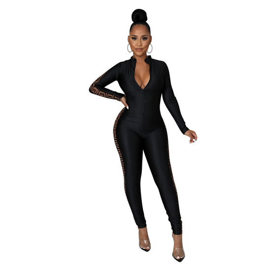 Autumn Winter Women Clothing Sexy Mesh Floral Print Stitching Long Sleeve Jumpsuit Women