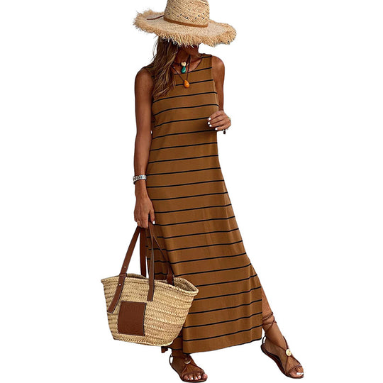 Summer Stripes Printed Vest Dress round Neck Sleeveless High Waist Slim Low Collar Maxi Dress