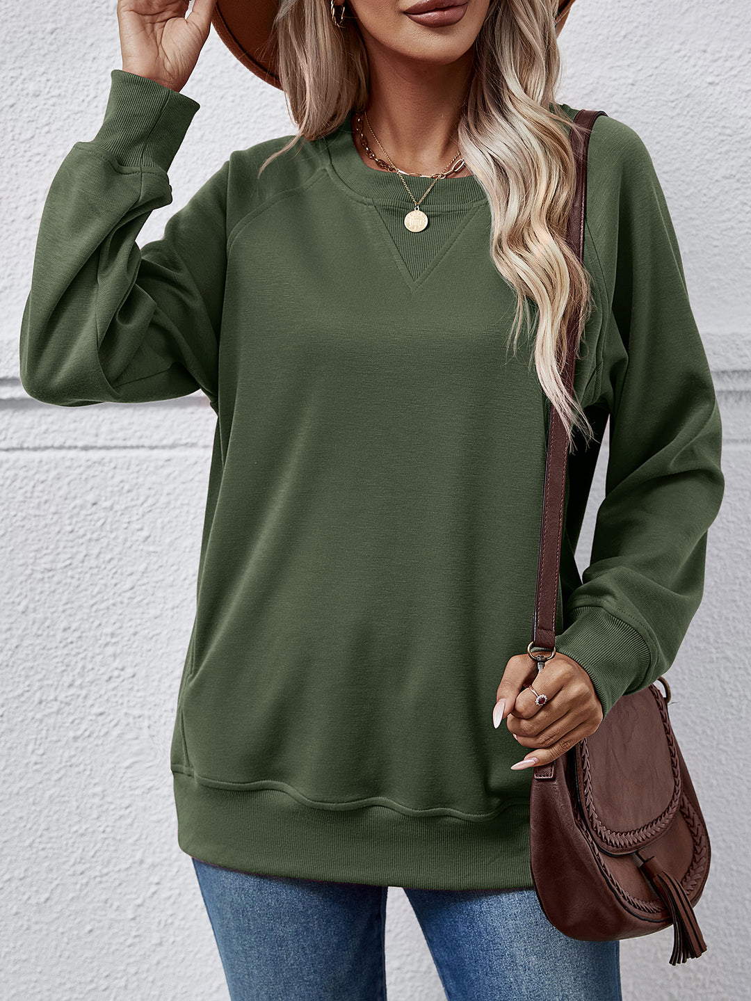 Autumn Winter Women Sweater Solid Color Round Neck Long Sleeve Pocket Women Top