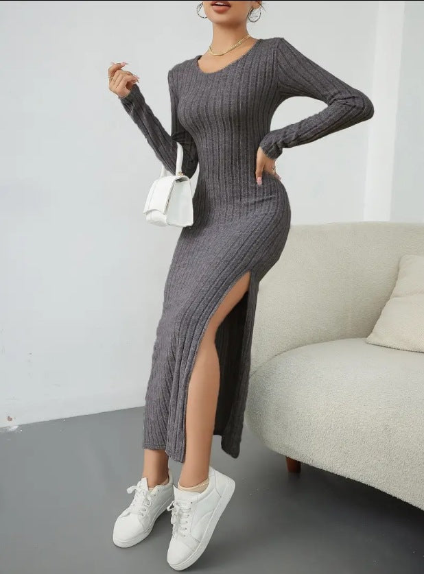 Autumn Winter Long Sleeve Crew Neck Split Knitted Maxi Dress Women