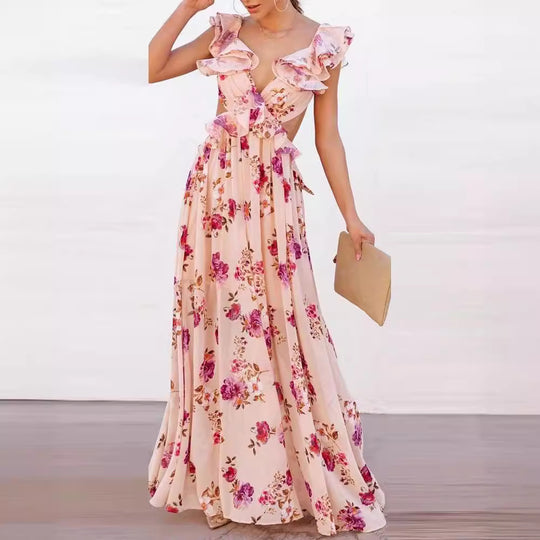 Arrival Women Floral Printing off the Shoulder Stitching Backless Summer Maxi Dress