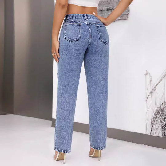 Women Retro High Waist Denim Straight Leg Trousers