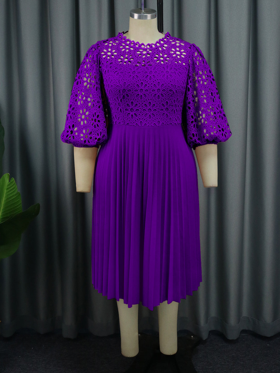 Lace Lantern Sleeve Dress Elegant Office Pleated Dresses