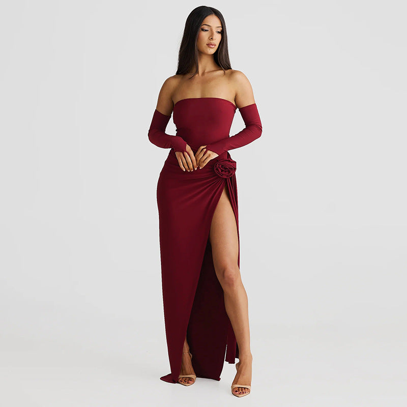 Women Clothing Autumn Winter Personalized Solid Color Oversleeve Tube Top Jumpsuit Sexy Slit Skirt Set