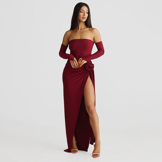 Women Clothing Autumn Winter Personalized Solid Color Oversleeve Tube Top Jumpsuit Sexy Slit Skirt Set