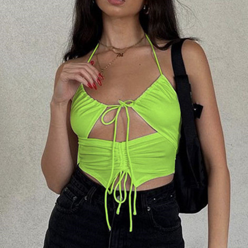Summer Women Wear Top Drawstring Hollow Out Cutout out Strap U Collar Slim Fit Inner Wear Small Vest for Women