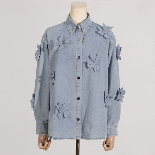 Simple Three Dimensional Floral Denim Top Women Summer Comfort Casual Shirt Denim Jacket Women