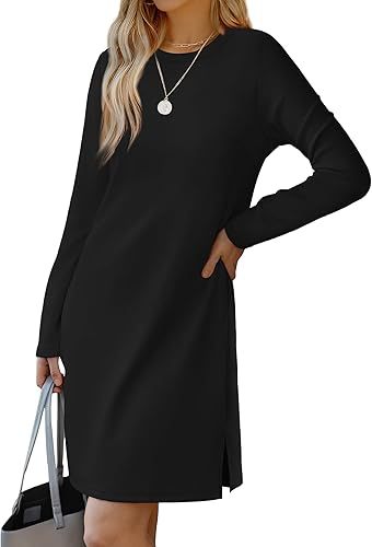 Women Clothing Round Neck Slit Hemline At Hem Sweater Long Sleeve Casual Dress