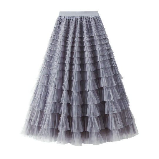 Mesh Tiered Skirt Women Spring Autumn Dress Fairy White Yarn Skirt Pleated