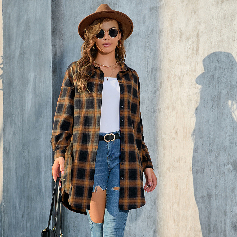 Women Long Sleeved Plaid Shirt Women Autumn Mid Length Plaid Shirt Retro Coat Women