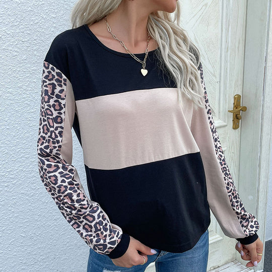 Autumn Loose Casual Top Leopard Print Stitching Long Sleeve T Women Sweatshirt