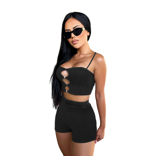 Women Clothing Thread Hollow Out Camisole Shorts High Waist Casual Two Piece Suit