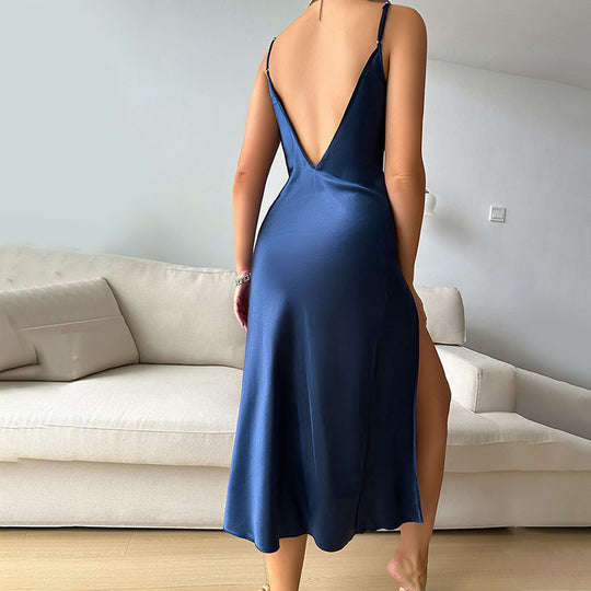 Sexy High Slit Seductive Ice Silk Long Pajamas Simple Women Home Clothes Backless Strap Nightdress Women