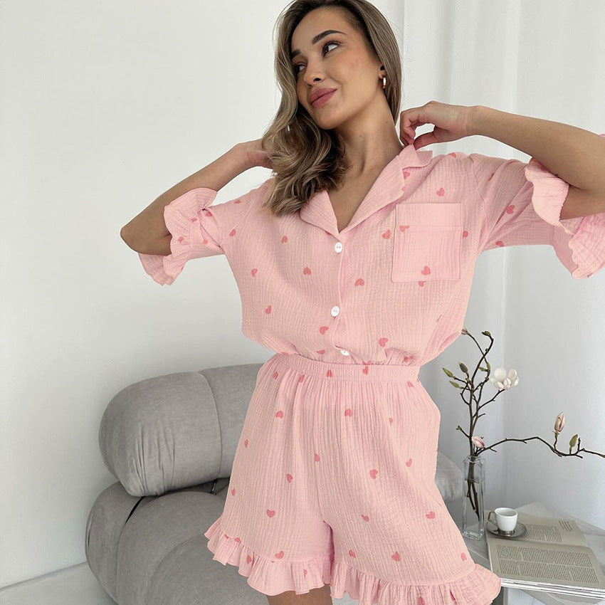 Summer Purified Cotton Pajamas Women Heart Printing Ruffled Half Sleeve Shorts Two Piece Set Soft Skin Friendly