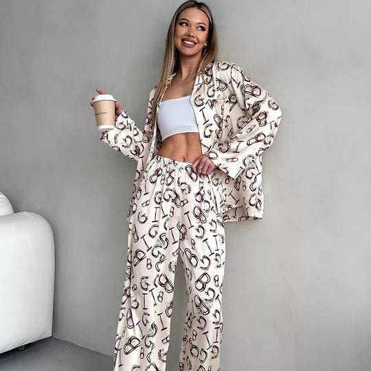 Spring Comfort Printed Loose Fitting Long Sleeves Trousers Pajamas Suit Home Wear Women