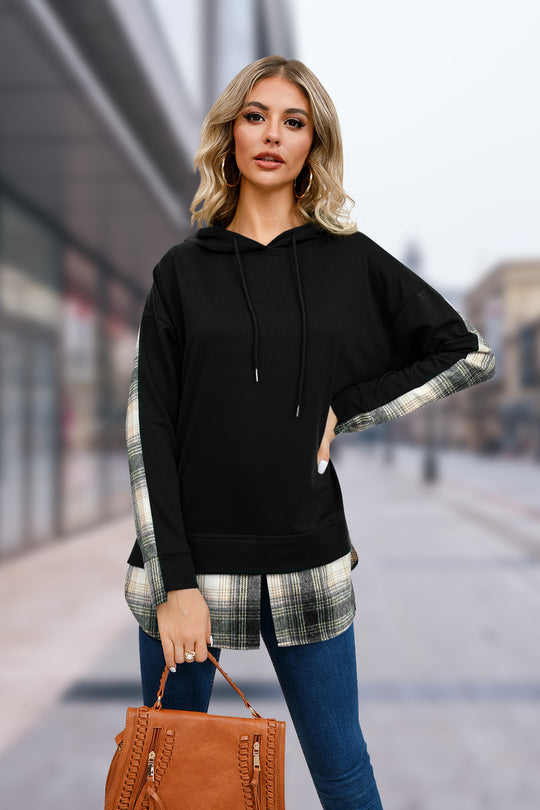 Autumn Winter Pullover Hooded Plaid Stitching Split Sweater Women