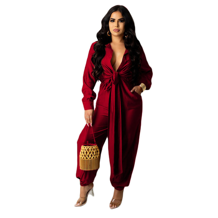 Solid Color Tied Long Sleeve Cool Women Jump Suit