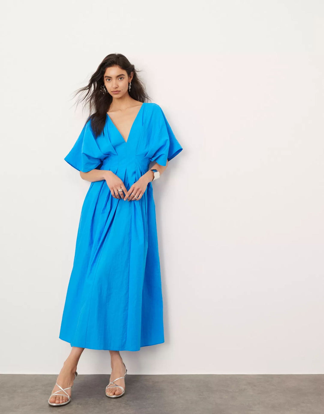 Blue Color V Neck Pleated Dress Loose Elegant Socialite Dress