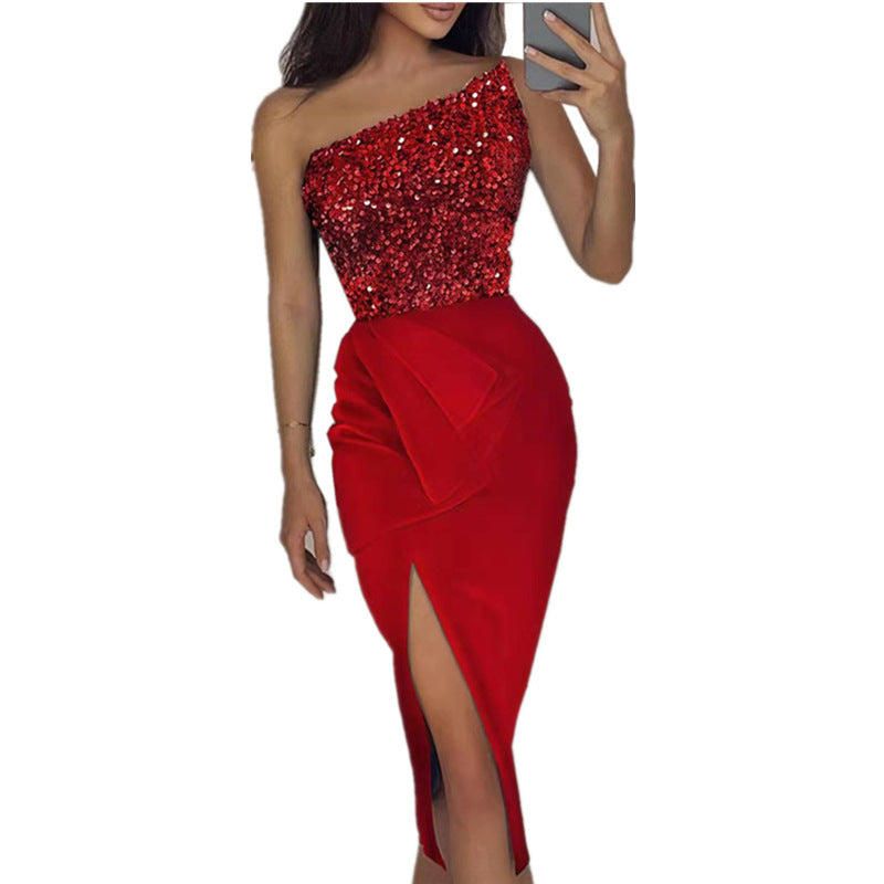 Women Clothing Solid Color Sexy Sequin Split Maxi Dress Elegant One Shoulder Evening Dress