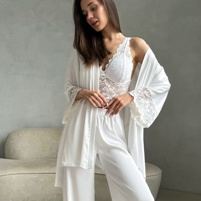 Sexy Lace Stitching Cardigan Long Sleeve Pants Pajamas Two-Piece White Lace up Homewear for Women