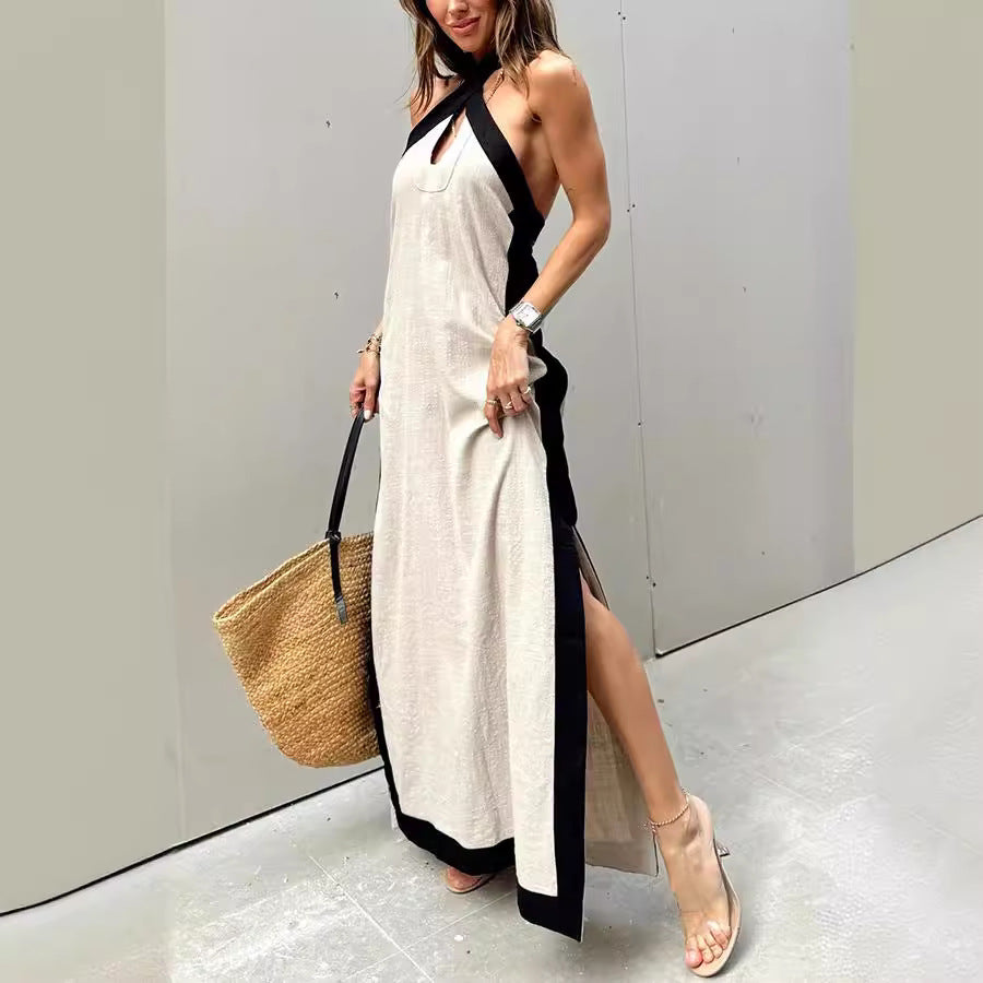 Summer Cotton Linen Backless Halter Split Dress Women