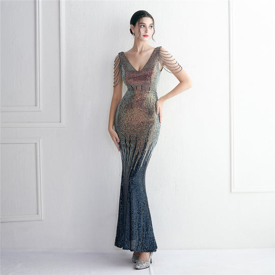 Mixed Color Sequin Craft Beaded Party Dress Long Cocktail Slim Fit Evening Dress Elegant Long