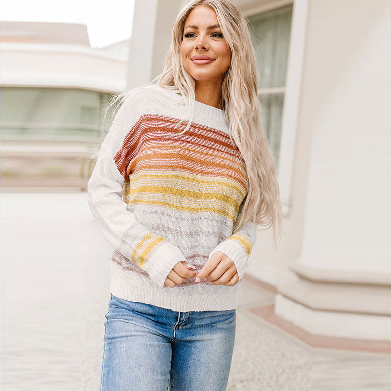 Autumn Pullover Crew Neck Sweater Women Casual Mixed Color Stripe Printing Thermal Long Sleeve Top Women