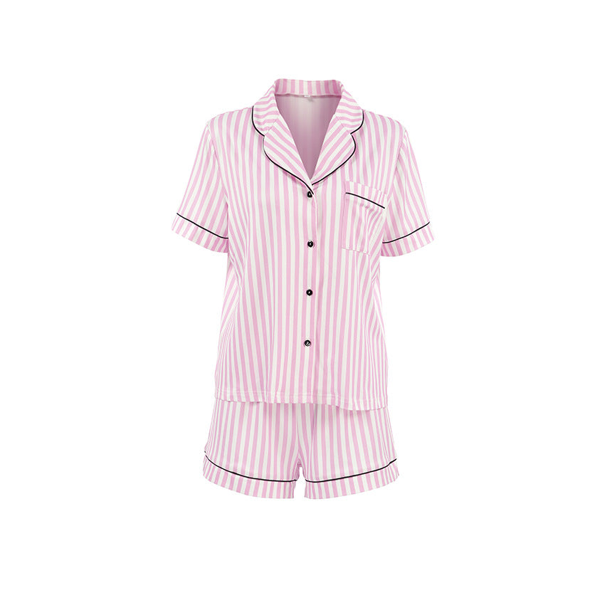 Knitted Striped Printed Pink Pajamas Women Short Sleeved Shorts Two Piece Set Spring Homewear