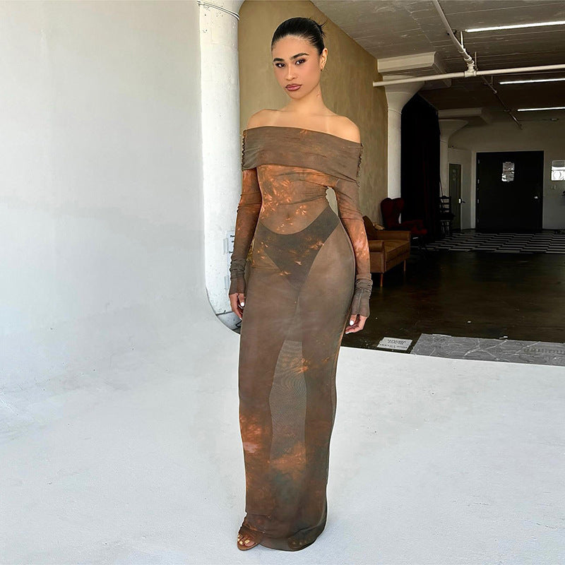 Summer Women Collection Oblique Shoulder Long Sleeve See through Sexy Slim Fit Maxi Dress