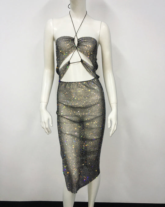 Dress Fishnet Rhinestone Suspender Design Sexy Tight Split Dress