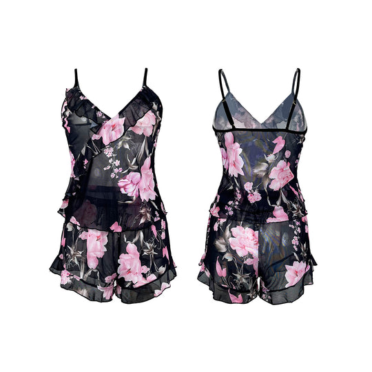 Mesh Floral Print Sexy Suspender Shorts Two Piece Set Ruffled Women Pajamas Casual Wear