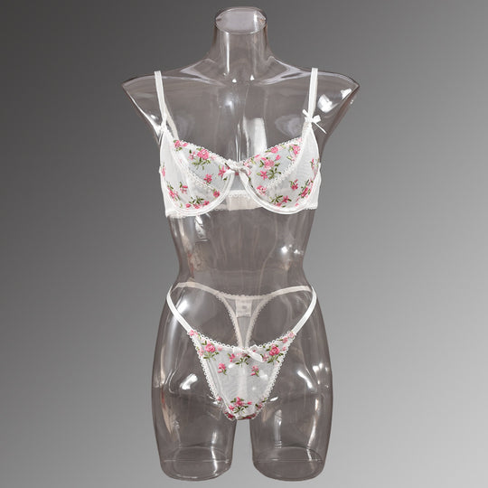 Sexy Lingerie Floral Embroidered Chest Bow Sheer Mesh Sexy Two Piece Set