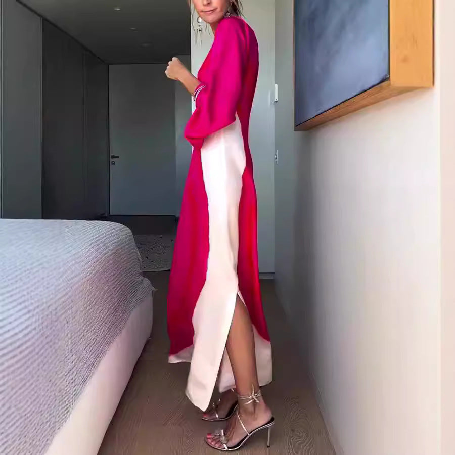 Printing Contrast Color Long Slit One Shoulder Dress