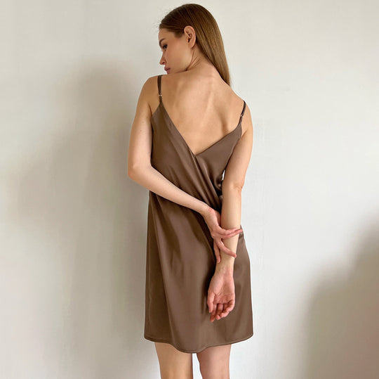 Ice Silk Short Backless Slit Nightdress Sexy Sexy Summer Cool Breathable Ladies Homewear