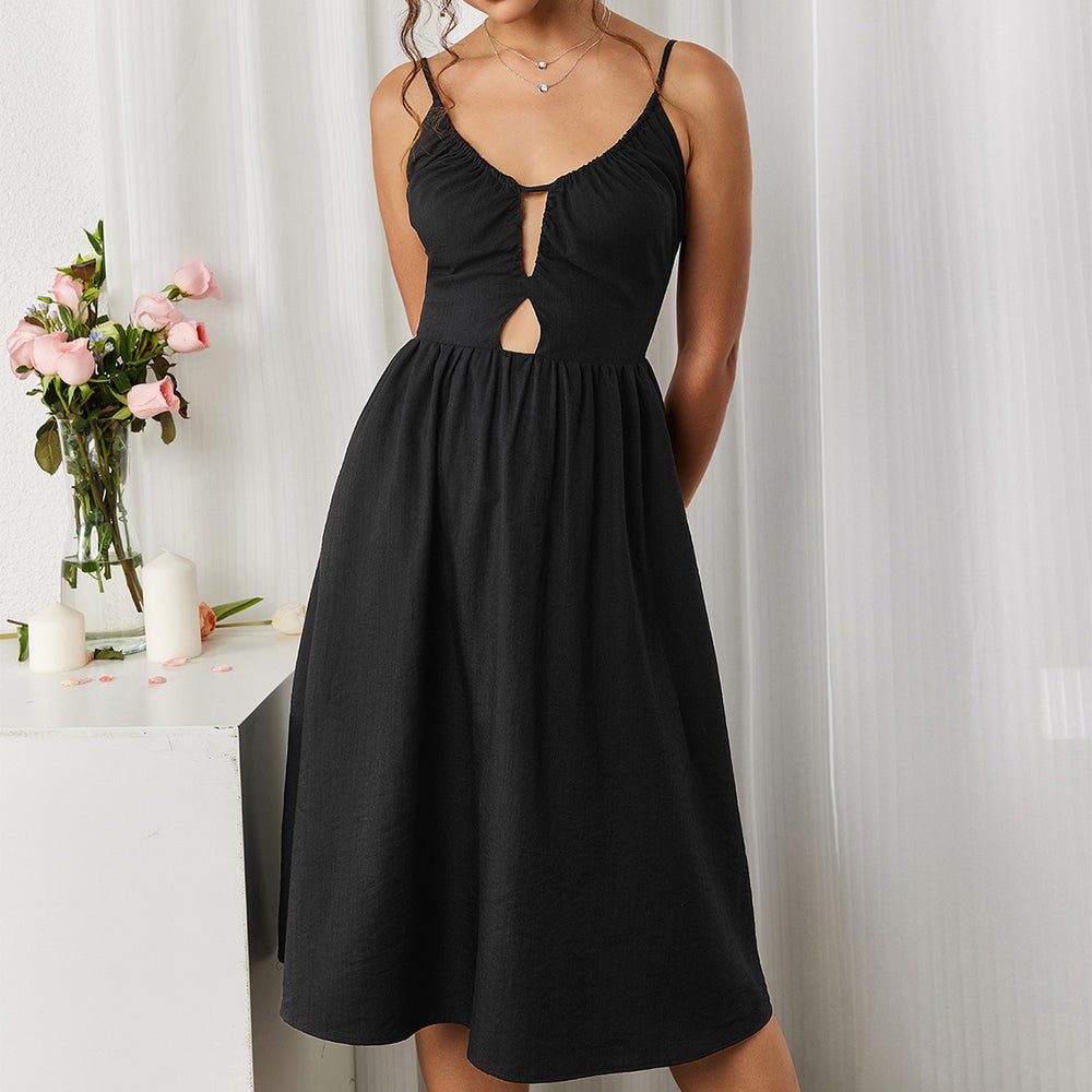 Sling Swing Dress Sexy Hollow Out Cutout Backless U Neck Pleated A line Midi Dress