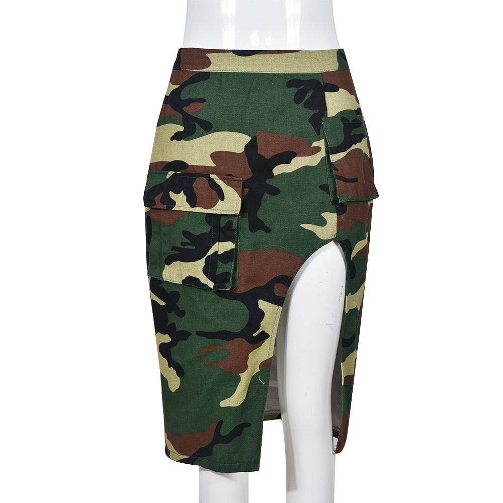 Women Clothing Summer Washed Camouflage  Skirt Camouflage Dress with Vents