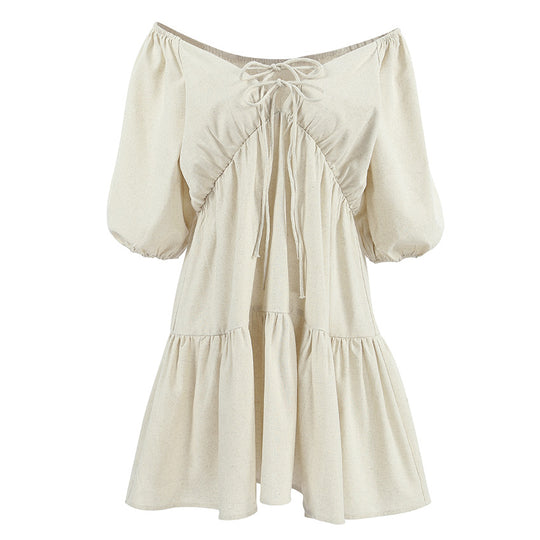 Khaki Cotton Linen V neck Lace up Sexy High Waist Pullover Dress Summer