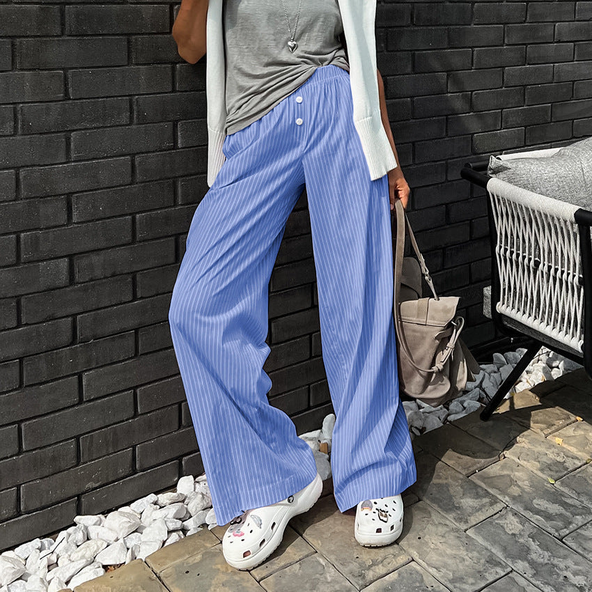 Summer Fashionable Blue Vintage Blended Loose Casual Pants Women Clothing Office Street Mid Waist Trousers