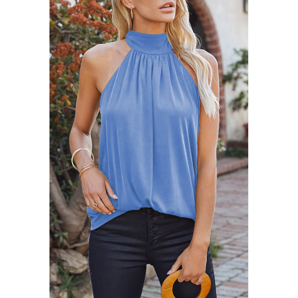 Summer Solid Color Sleeveless Halter Top Women Casual Pullover Vest