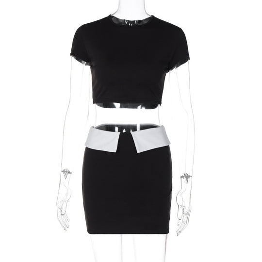 Color Contrast Stitching Two Piece sets Fall Women  Short Sleeve Bare Cropped Slim Fit Skirt Outfit