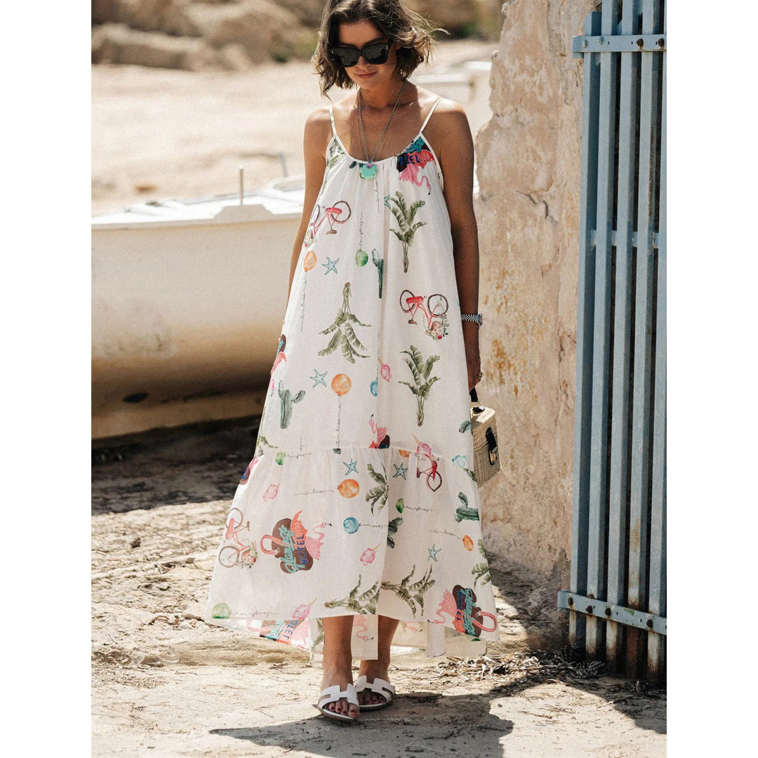 Spring Summer Layered Spaghetti Strap Floral Print Dress Casual Loose Vacation Dress