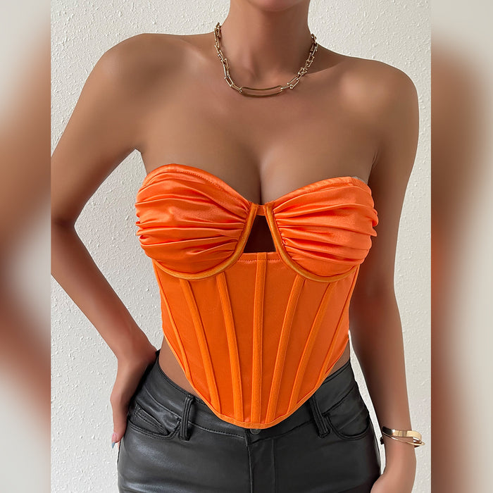 Women Tops Stand Alone High Elastic Slim Hollow Out Cutout Pleated Sexy Boning Corset Vest