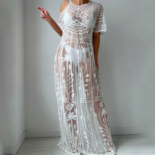 Sexy Lace Embroidery Beach Cover up Vacation Maxi Dress Bikini Swimsuit Outwear Women